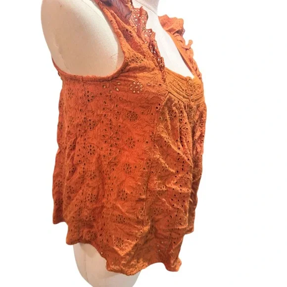 Lucky Brand Orange Eyelet Flutter Sleeve Square Neck Button Front Tank Top M - Picture 4 of 6